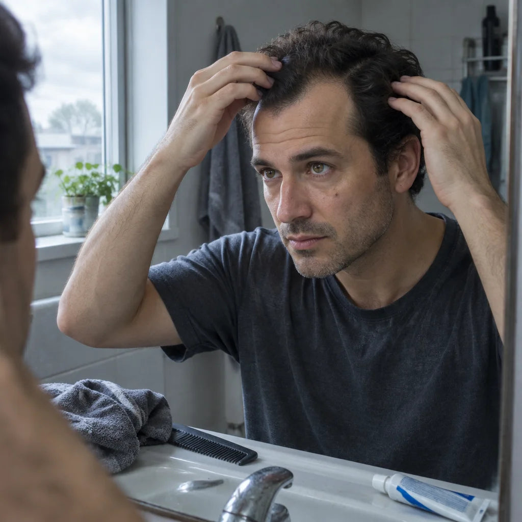 A square photograph in a small lived-in bathroom in cool morning window light. Man A: A 39-year-old
