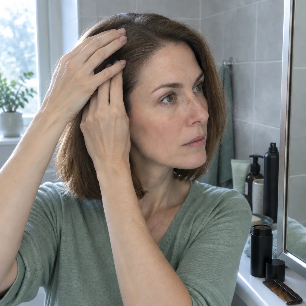 Keep the exact same Woman B, sage top, bathroom, mirror, square framing and cool morning window ligh