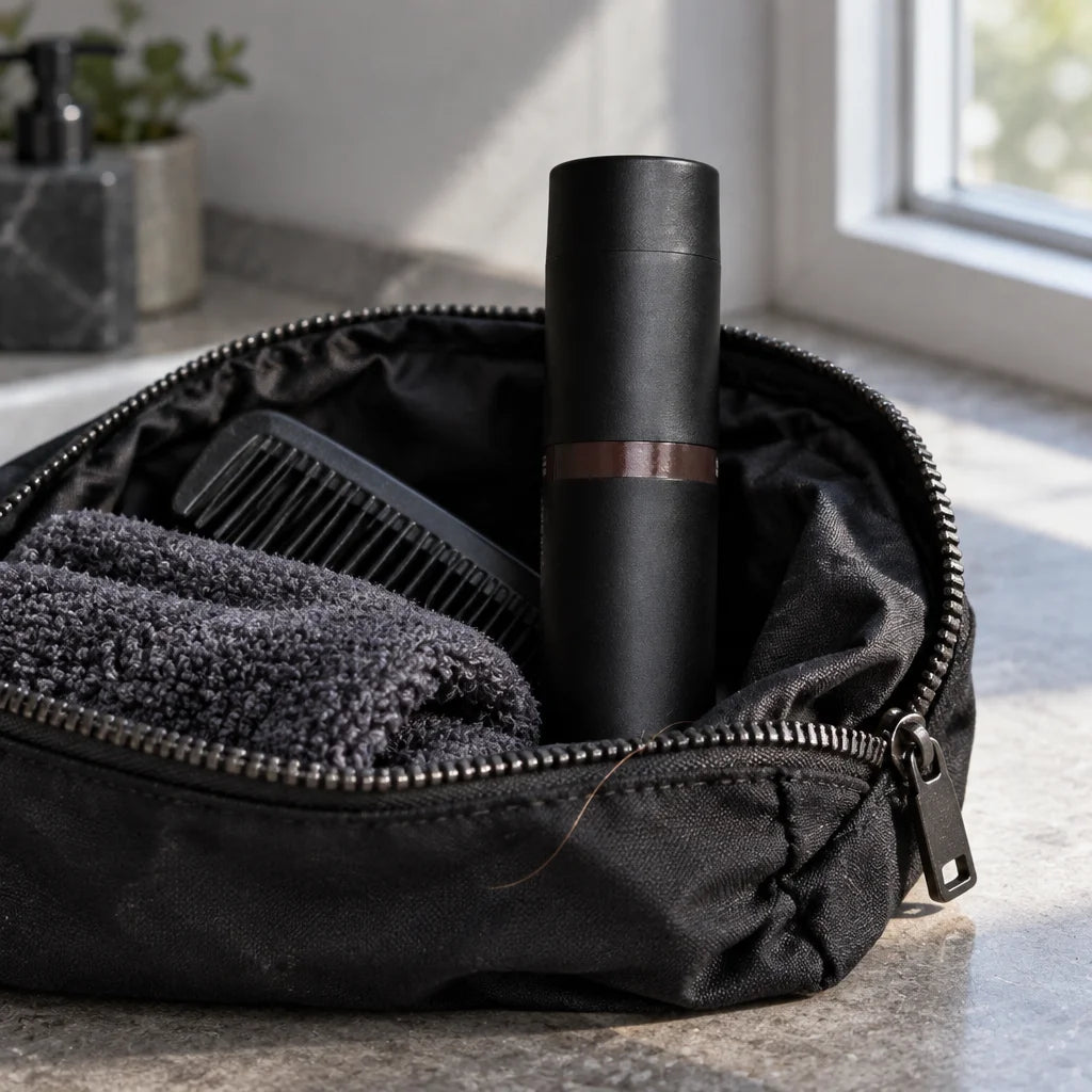 A square photograph of the exact compact matte-black cylindrical Denséa bottle standing in an open,