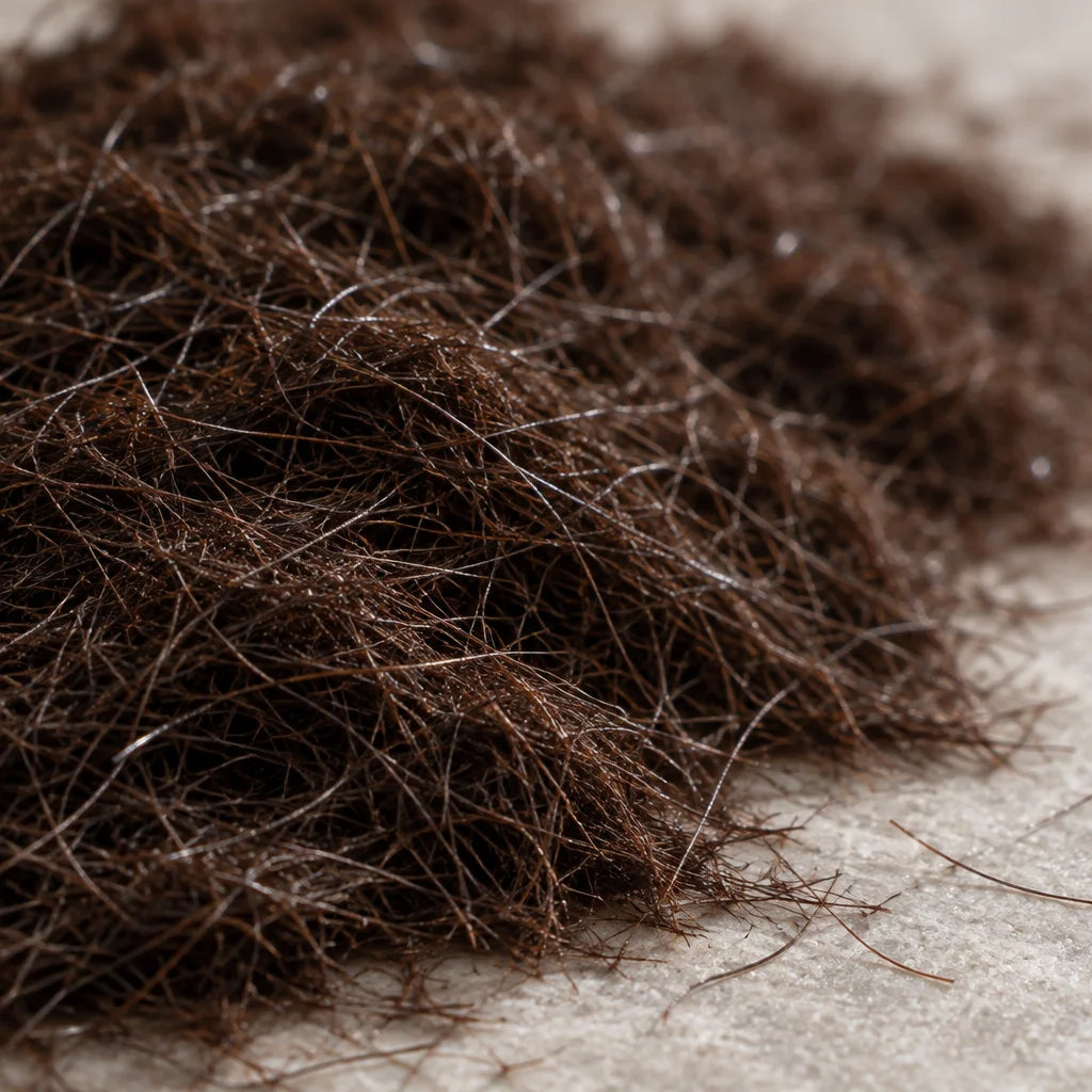 An extreme macro photograph of loose dark-brown keratin hair fibers alone, poured into a small uneve