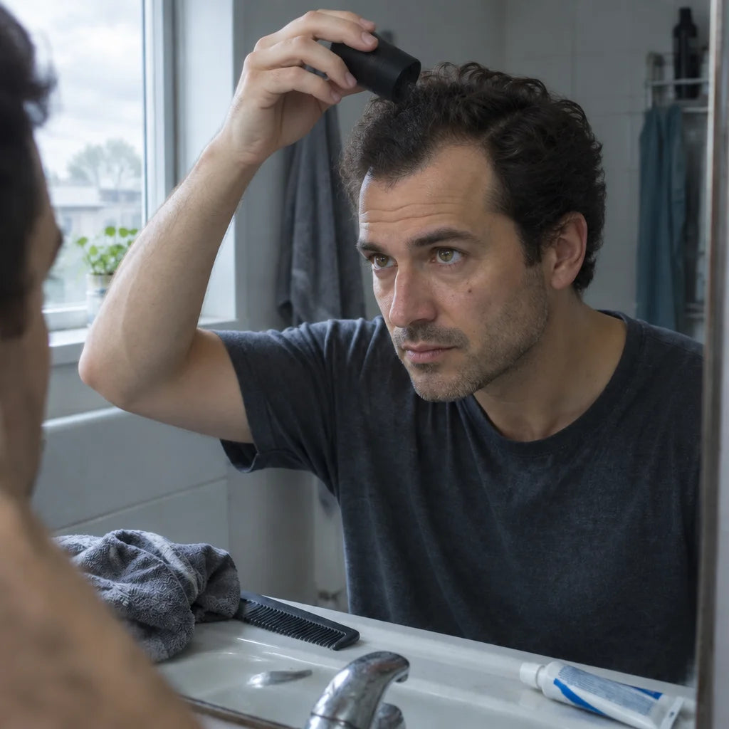 Keep the same Man A, charcoal T-shirt, dry styled dark-brown hair, bathroom mirror, untidy sink item