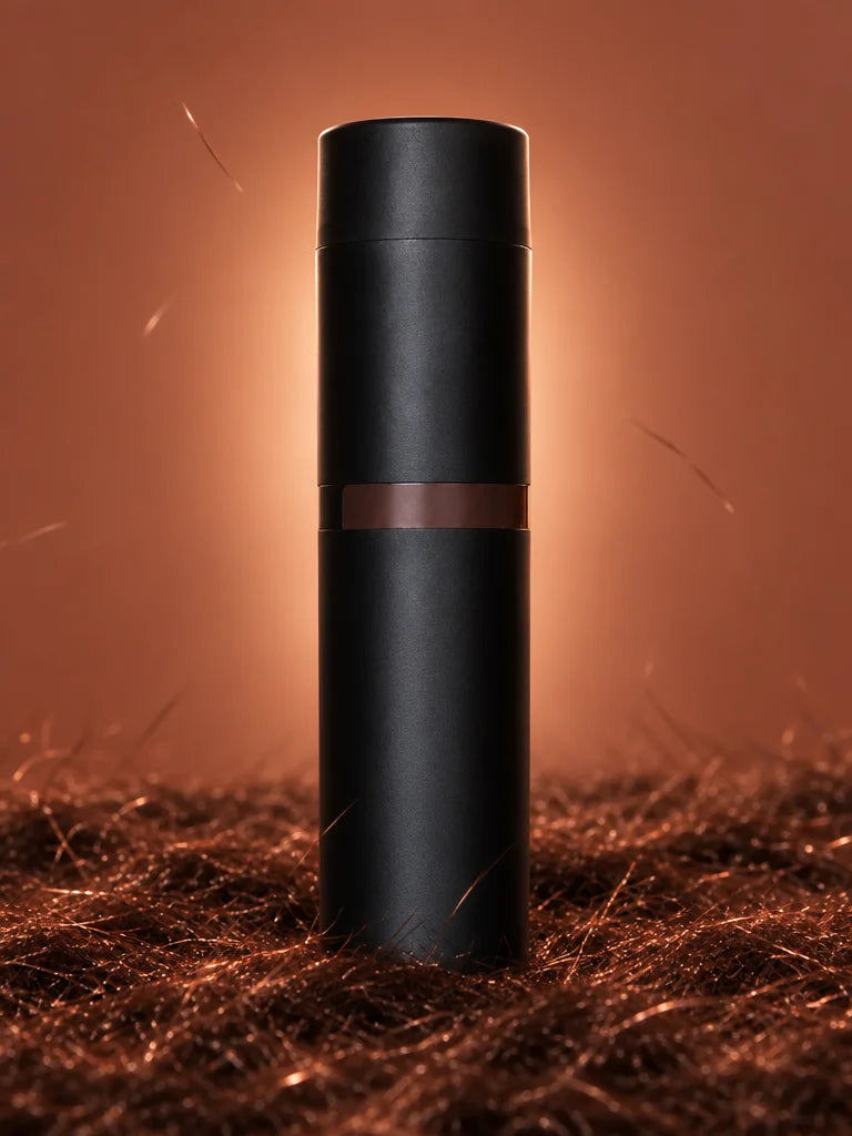 A vertical studio photograph of the exact Denséa product: one compact, upright matte-black cylindric