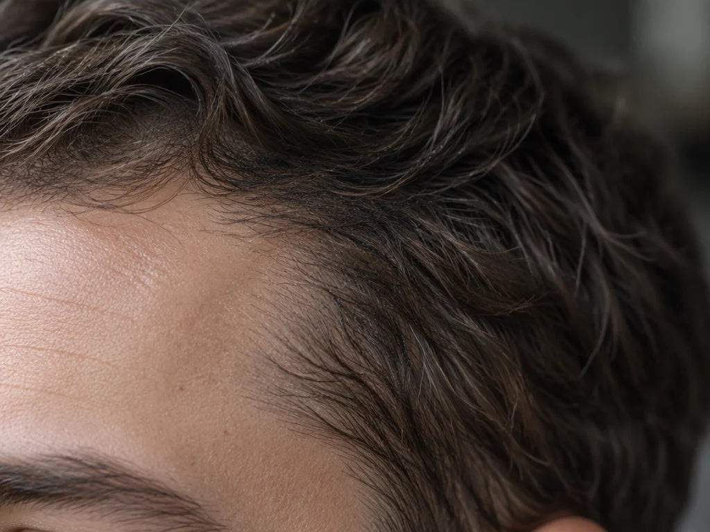 A tight macro photograph of Man A’s right temple and hairline only: short dark-brown wavy hairs, the