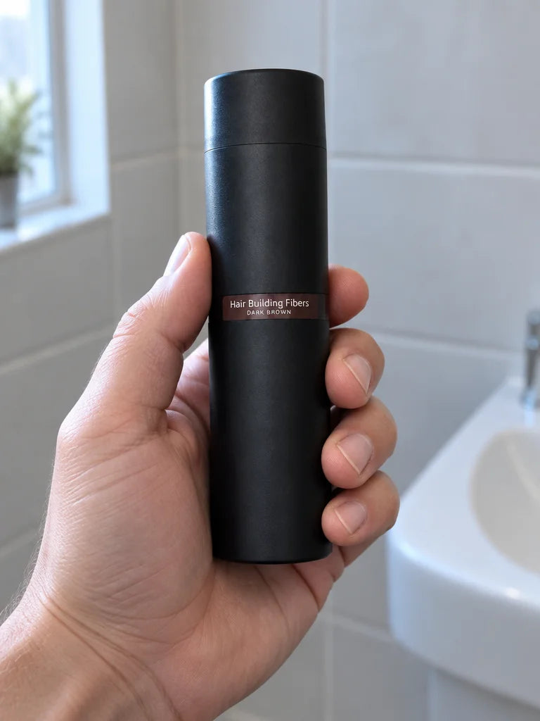 A vertical photograph of the exact compact matte-black cylindrical Denséa hair-fiber bottle held nat