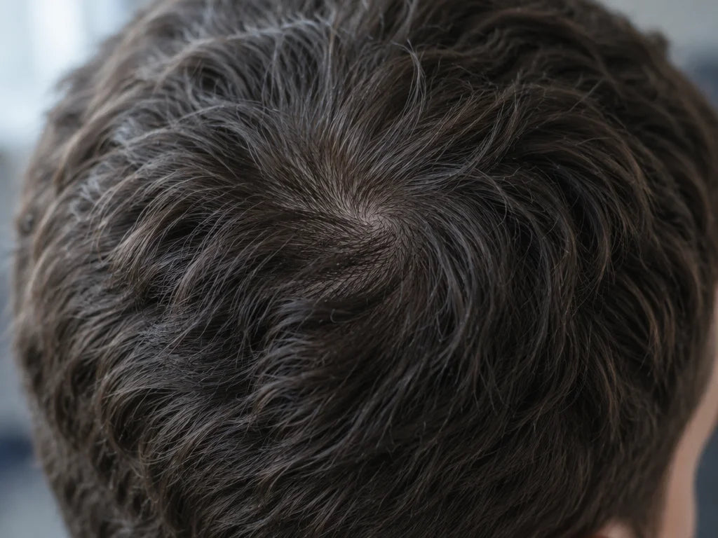 A wide macro photograph of the crown of a 39-year-old man with short dark-brown wavy hair and a slig