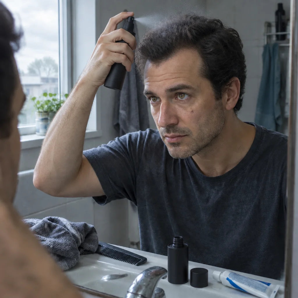 Keep the same Man A, charcoal T-shirt, bathroom mirror, sink items, square framing and cool morning