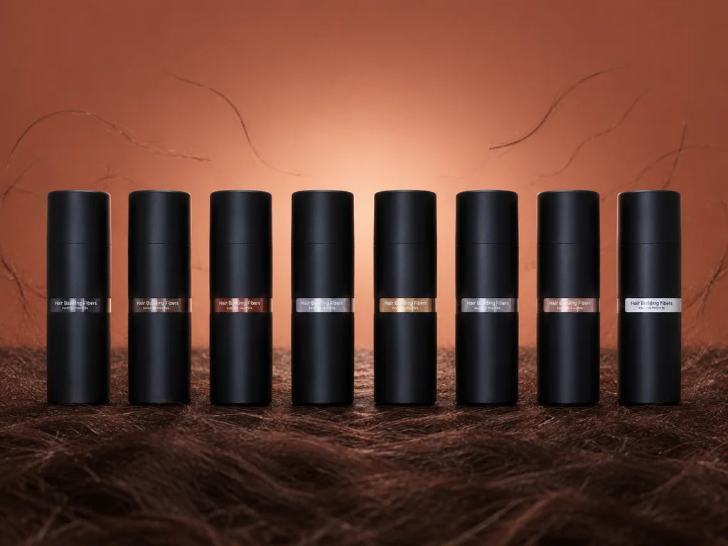 A wide studio photograph showing exactly eight matching compact matte-black cylindrical Denséa hair-