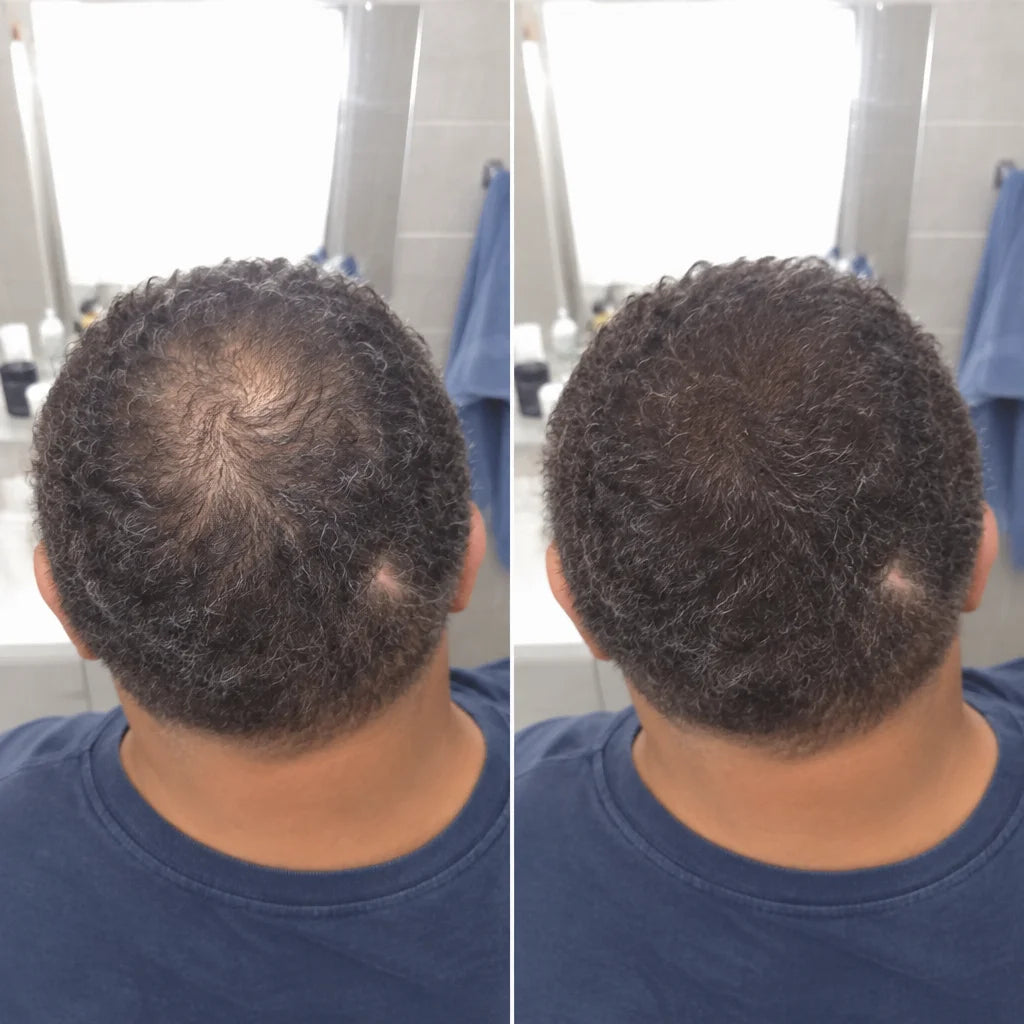 A square paired comparison made from two close customer's own photos placed side by side, with no la