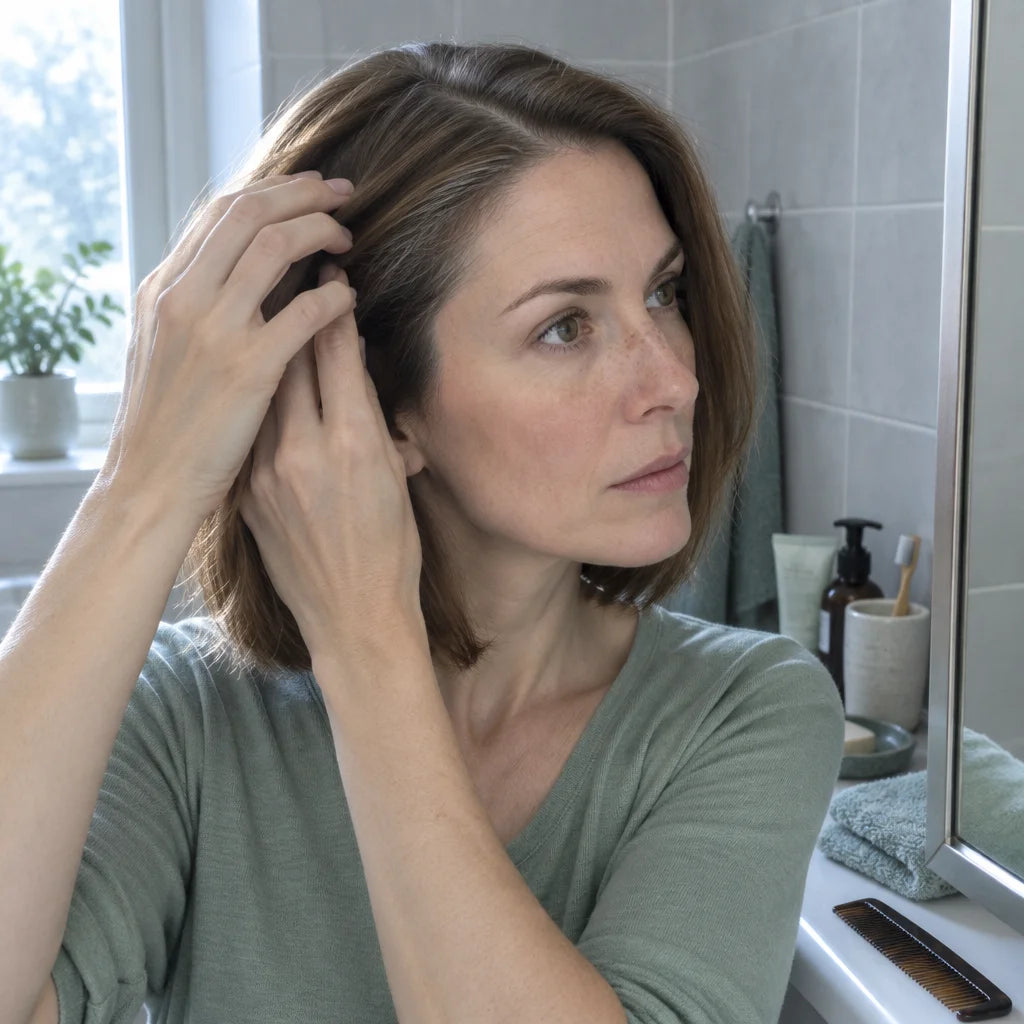 A square photograph in a small home bathroom in cool morning window light. Woman B: A 42-year-old wo