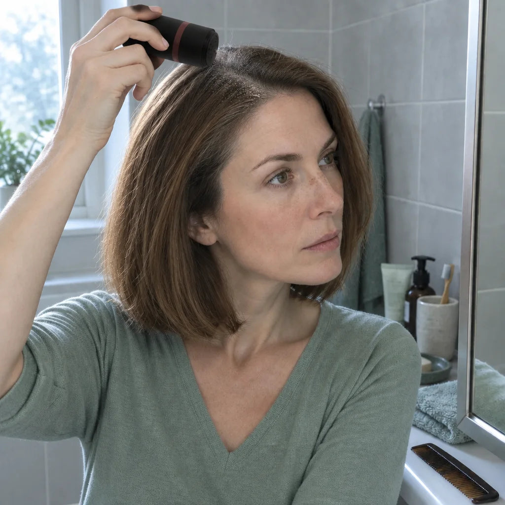 Keep the exact same Woman B, her sage cotton top, dry styled chestnut bob, small bathroom, mirror, s