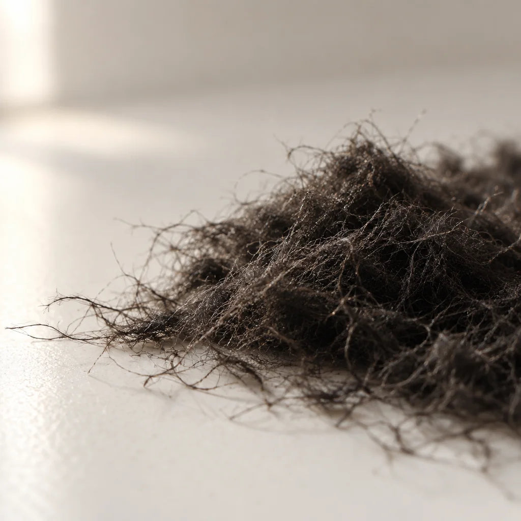 A square macro photograph of loose dark keratin fibers alone on a matte warm-white ceramic surface,